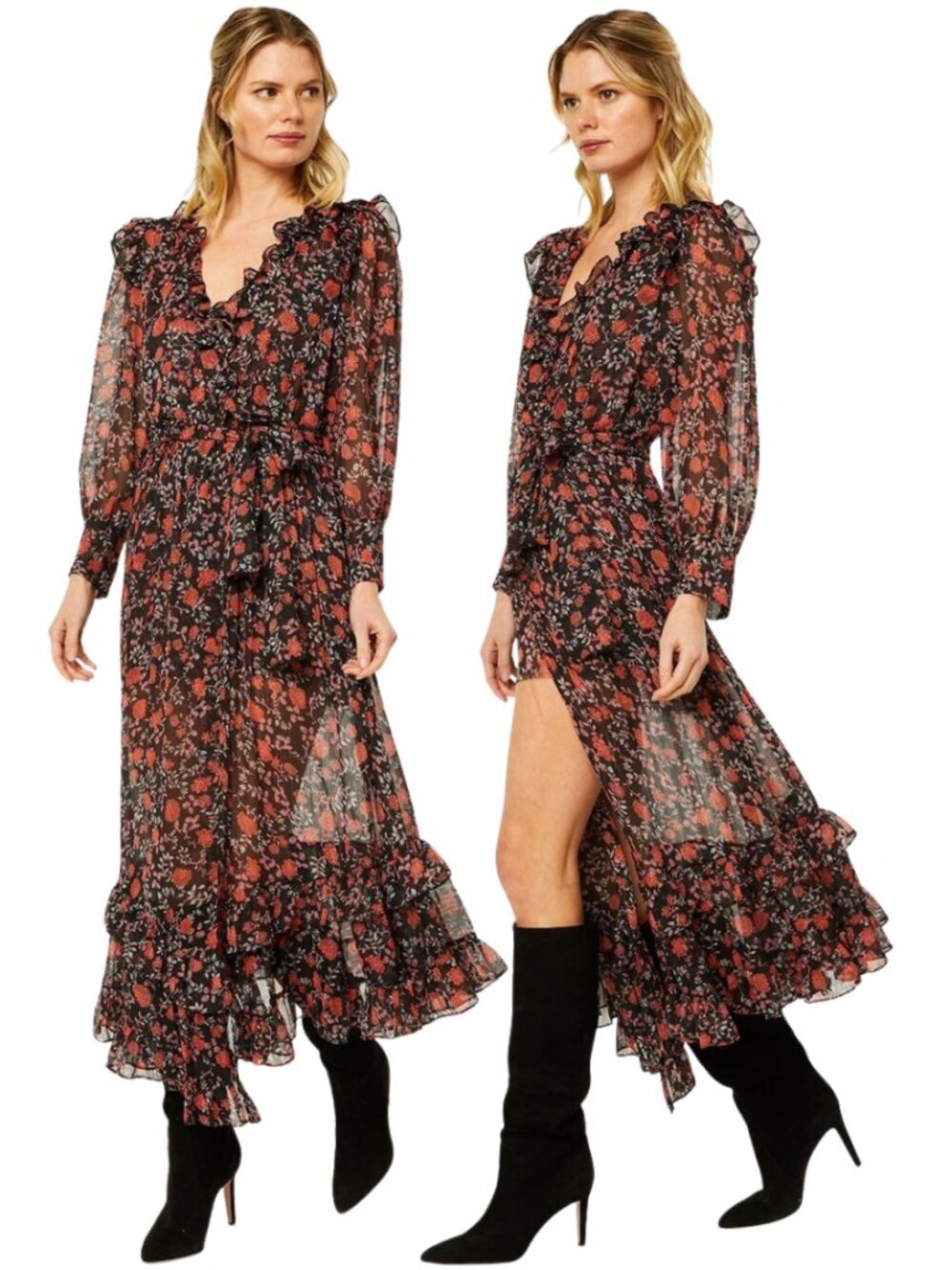 Misa Los Angeles Gabriela Wrap Maxi Dress Women's Medium Carnellian Blooms Black